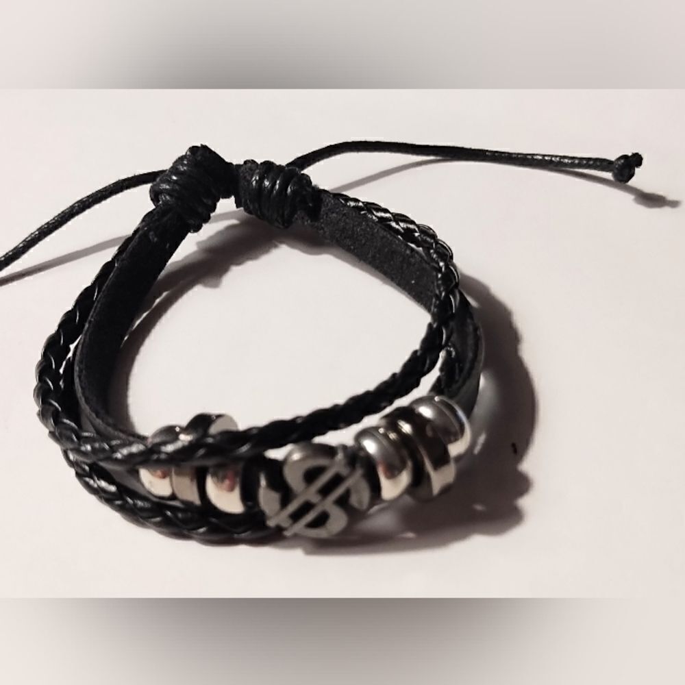 Men's bracelet leather‎ money layered braided black new d66